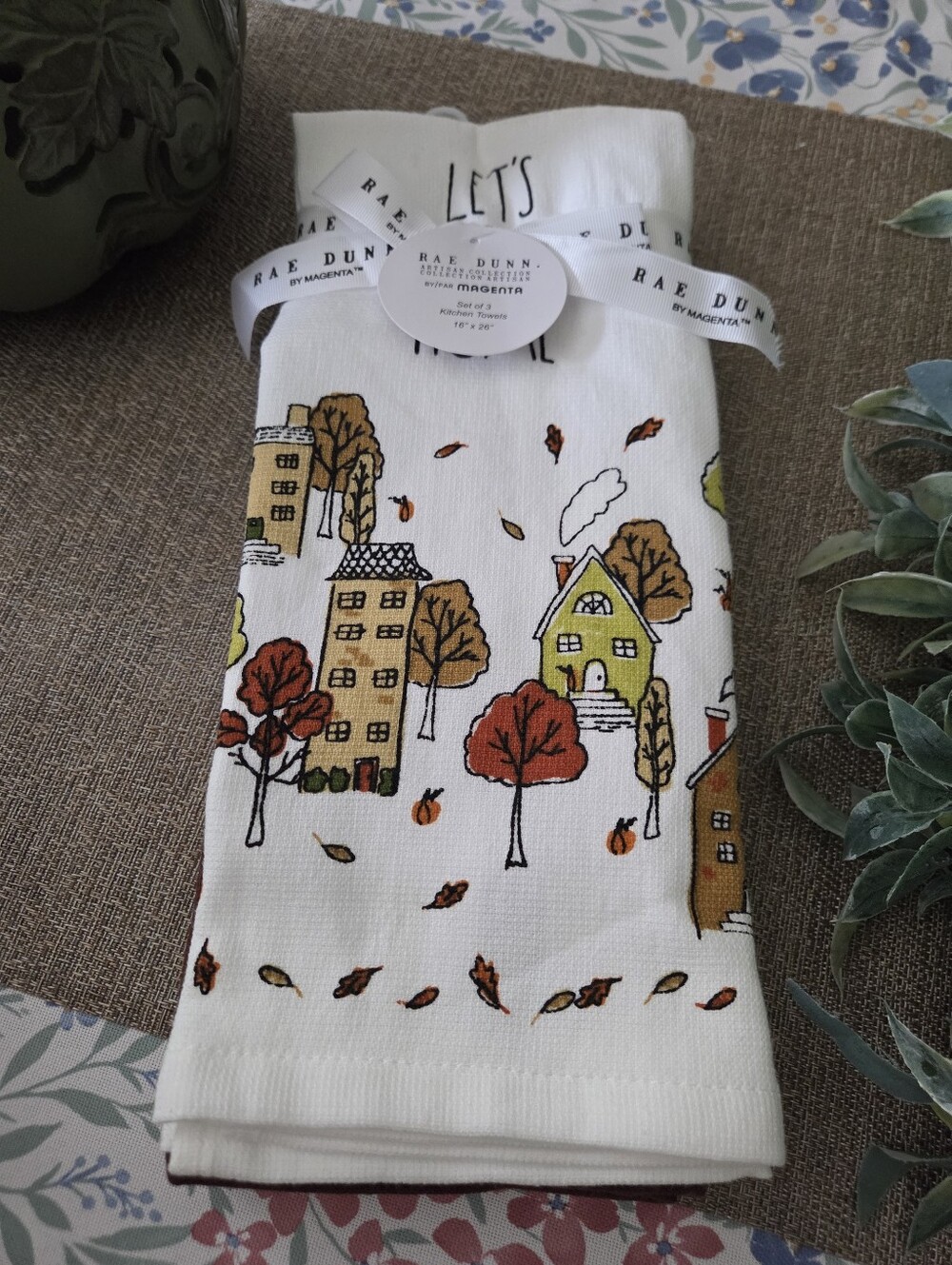 Rae Dunn Cotton Kitchen Towel - White with Red, Orange, Green & Brown Accents